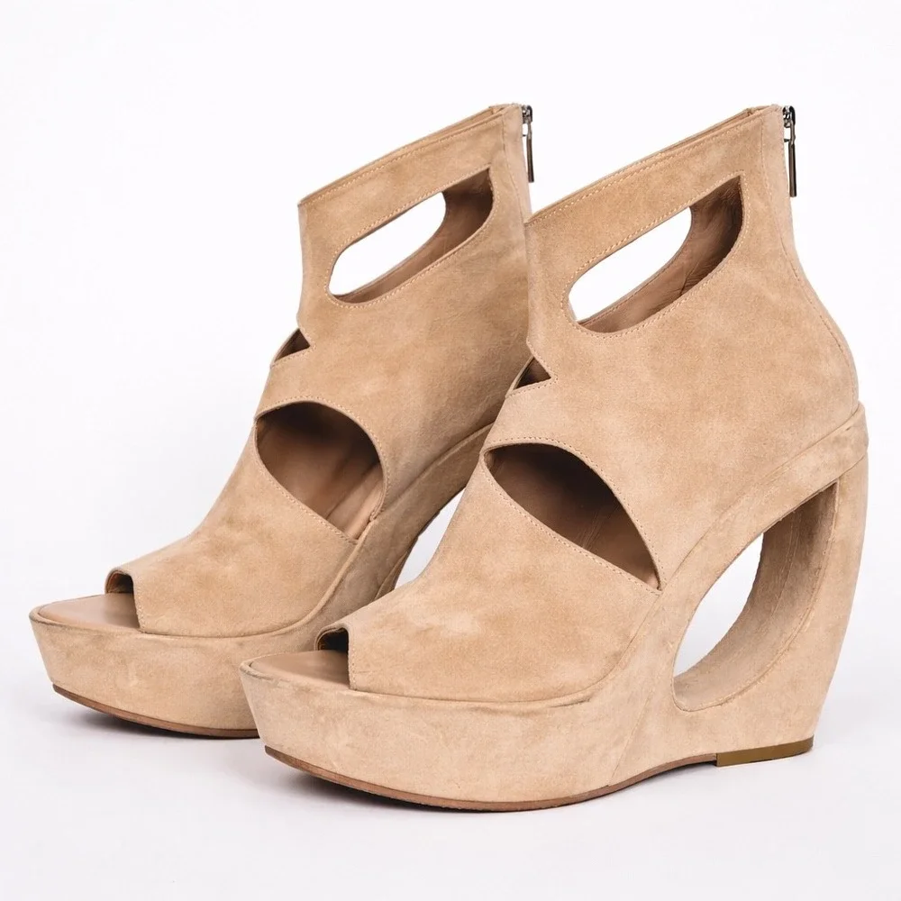 Authentic - Ann Demeulemeester Size 39 Suede Cutout Platform Wedge Booties Italy